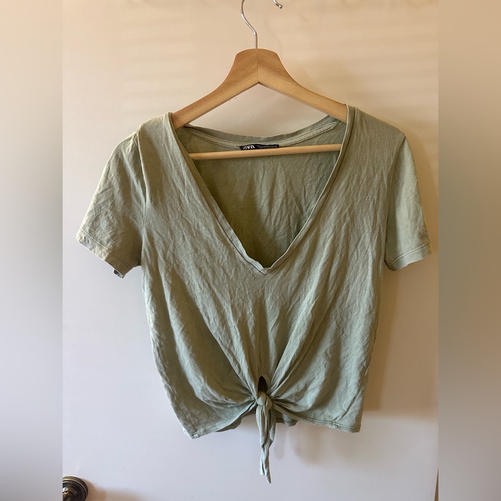 Zara Sage Green Tie-Front V-Neck Tee
